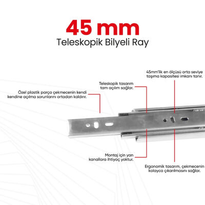 Ask Teleskopik Bilyalı Ray 45x350 Frenli - 2