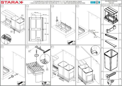 Starax 2392 Grey Telescopic Rail Trash Can Plastic Body - 3