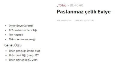 Teka Be 40.40 Tezgah Altı Paslanmaz Eviye - 7