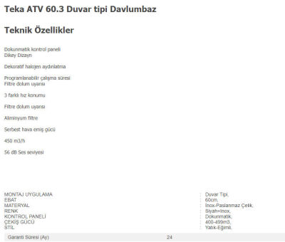 Teka ATV 60.3 Duvar Tipi Davlumbaz Siyah - 1